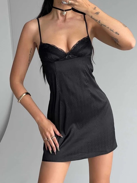 Princess Polly Black Satin Lace-Trim Slip Dress